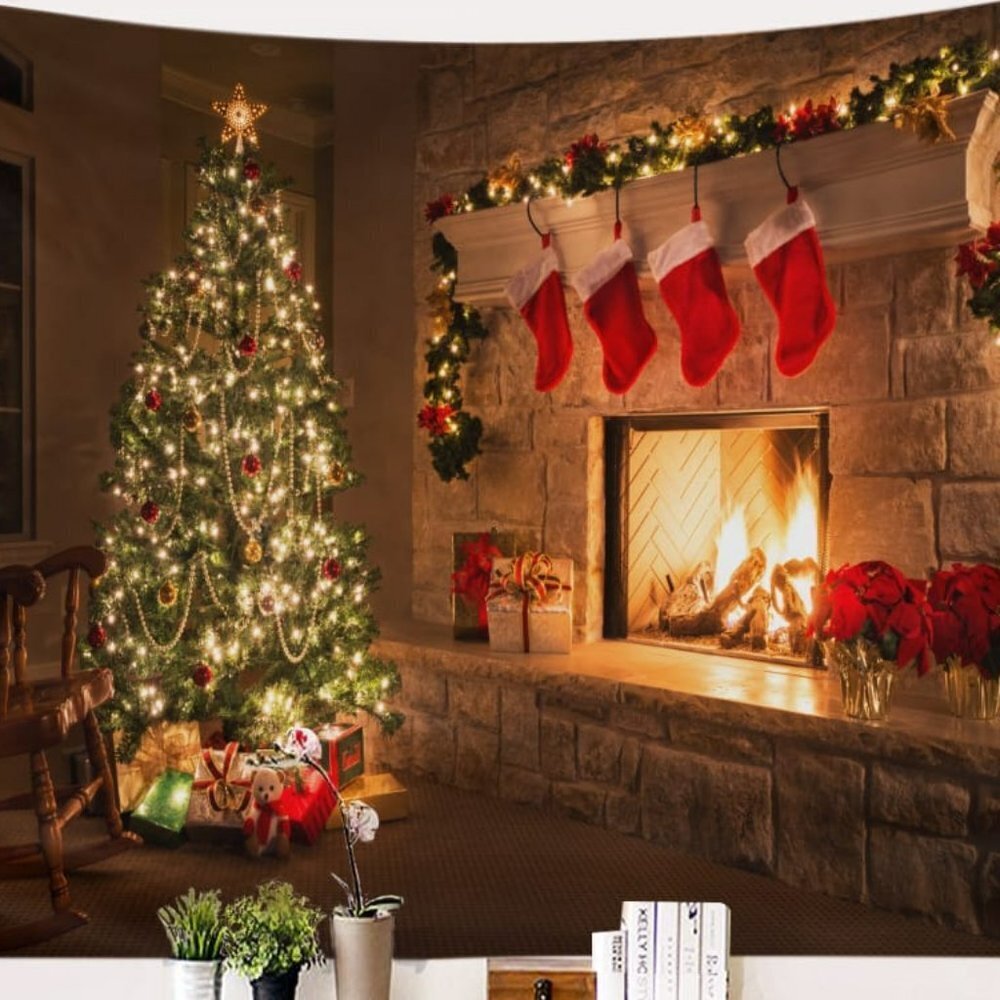 Christmas Tree And Fireplace Printed Tapestry